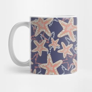 Seastar starfish pattern. Coral brown light blue sea stars on a dark blue background. Layered style. Mug